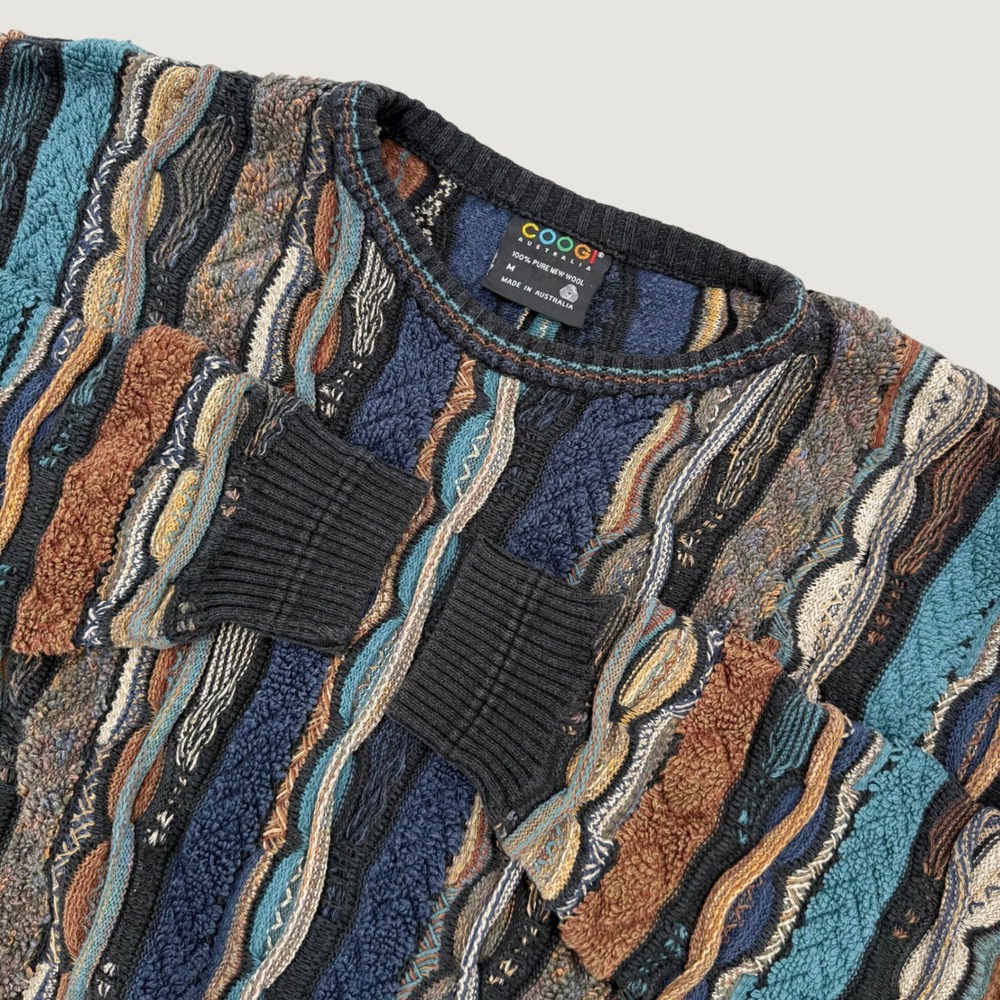 Coogi Australia Mens Medium Blue Brown Textured Knit Wool Crewneck Sweater VTG